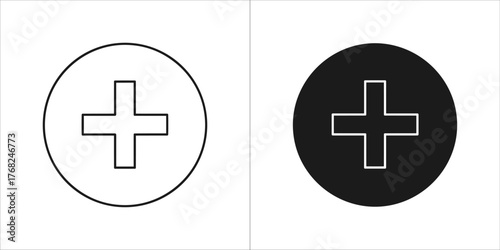 Two plus signs, one in a white circle and one in a black circle