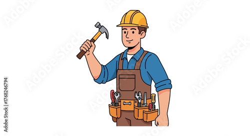 Skilled tradesman illustration cartoon character holding hammer wearing protective equipment and
