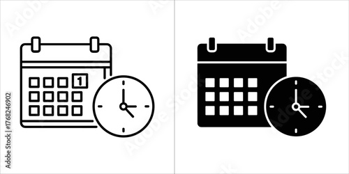 Set of two icons representing a calendar and a clock, one outlined and one filled