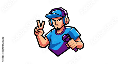 Hip Hop artist cartoon character with a microphone in his hand gesturing peace sign