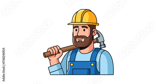 Cartoon construction worker with beard in a yellow helmet holding a hammer over the shoulder
