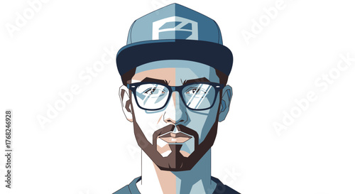 Stylish digital portrait of a bearded man wearing glasses and a baseball cap with a modern aesthetic