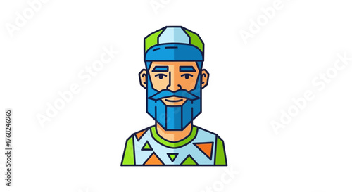 Stylized geometric portrait of a bearded man with a hat and triangular patterns