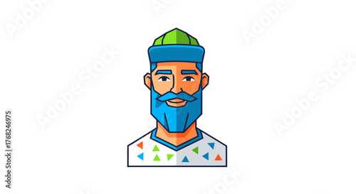Stylish bearded character illustration with cap and geometric shirt design element