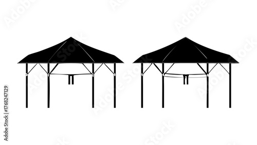 Two black gazebo structures with a hexagonal roof and support beams on a white background image view