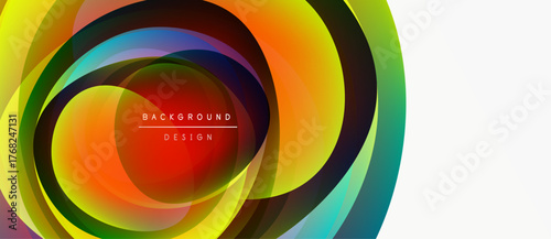 Abstract colorful layers create dynamic circular design. Bright hues blend, forming modern background element. Smooth gradients offer visual interest.