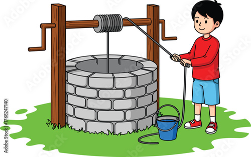 Smiling boy using water well with rope and bucket outdoors, traditional stone well, fresh water source, rural activity, healthy lifestyle