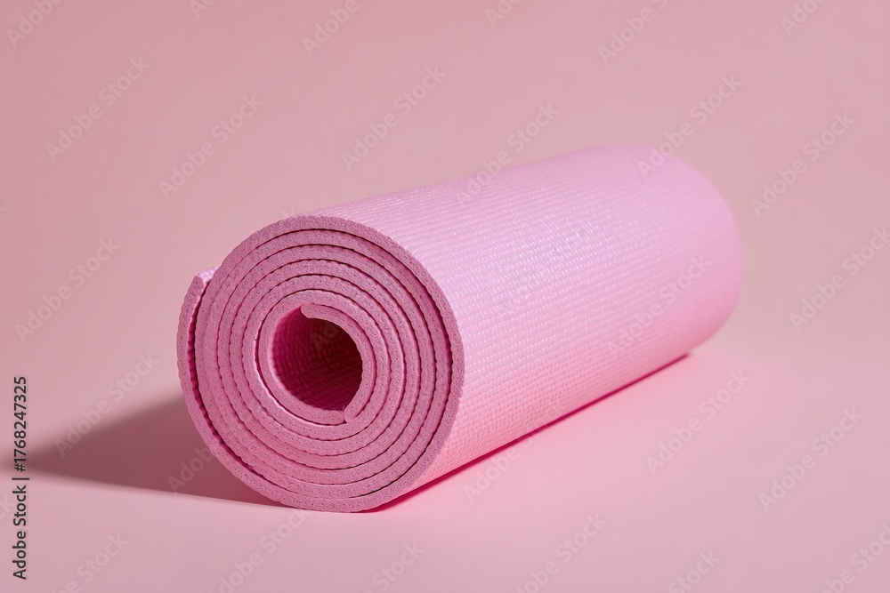 Obraz premium Pink rolled yoga mat standing on pastel pink surface