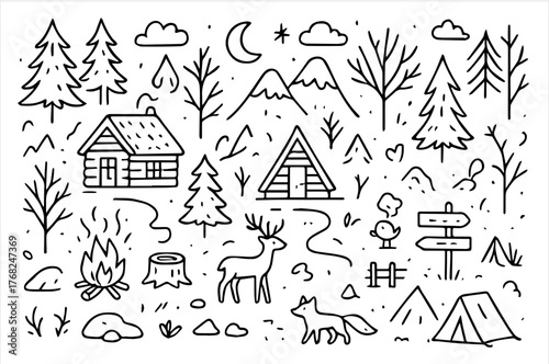 Hand-drawn doodle vector collection of forest trees and cozy cabins, created in a playful sketch style, isolated on white background  
