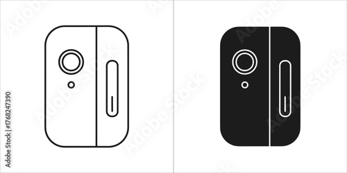 Two icons of a refrigerator, one outlined and one solid black