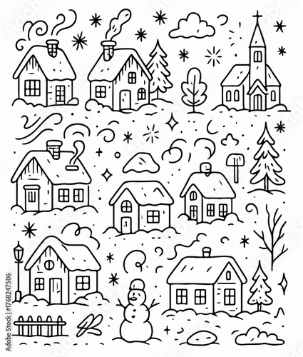 Hand-drawn doodle vector collection of snow-covered houses and cozy winter cottages, illustrated in a playful, sketchy ink-pen style, isolated on white background  
