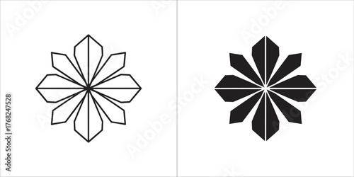 Geometric ornamental flower shape in outline and solid black silhouette