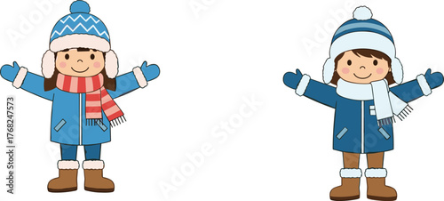 Two kids in winter clothes, happy children wearing jackets, hats, scarves, boots, gloves, cartoon characters for cold weather, outdoor seasonal fun