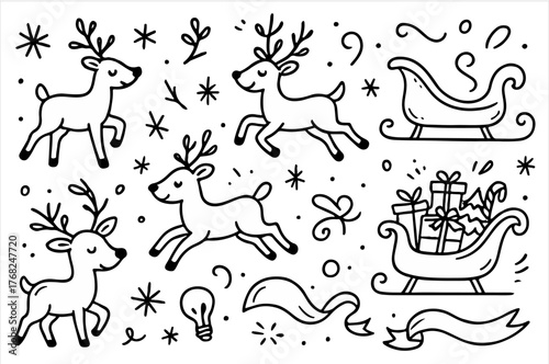 Hand-drawn doodle vector set featuring adorable reindeer and festive sleigh doodles, isolated on white background  
