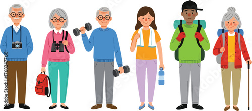 Group of active seniors and young adults enjoying various activities