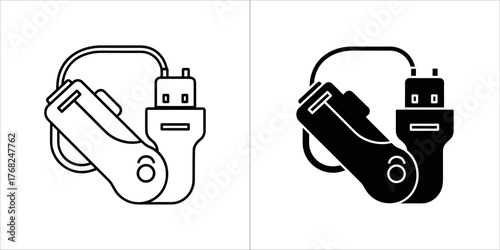 Two icons of a usb drive and its adapter, one in outline and one in solid black