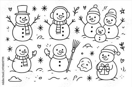 Hand-drawn doodle vector set of adorable snowman characters, designed in a playful ink-pen doodle style, isolated on white background  
