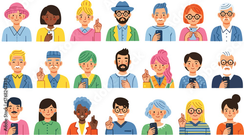 Collection of diverse people using smartphones, expressing opinions or sharing information
