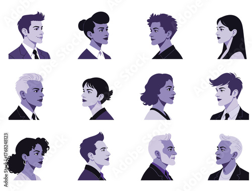 Vector illustration of stylized portraits of diverse individuals in profile