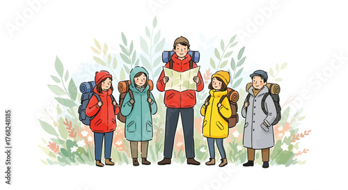 Family with kids hiking in winter, hand drawn vector illustration