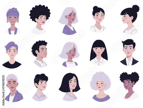 Vector illustration of assortment of diverse cartoon avatars with unique hairstyles and features, showcasing individuality and style, isolated on a