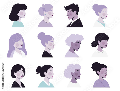 Vector illustration of variety of stylized profile avatars in side view, featuring different hairstyles and subtle expressions, isolated on a