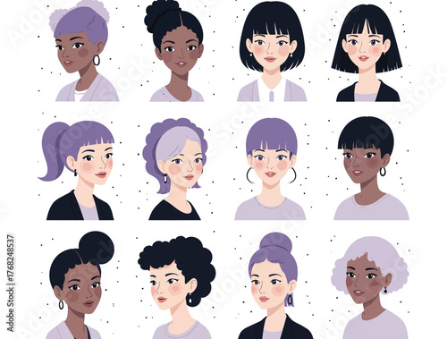 Vector illustration of diverse group of women portraits in a grid, showcasing various hairstyles, ethnicities, and ages