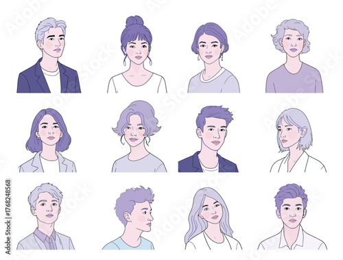Vector illustration of collection of diverse male and female portraits in a grid, featuring various hairstyles and ages
