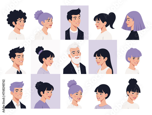 Vector illustration of collection of stylized portraits showcasing diverse men and women with different hairstyles and ages