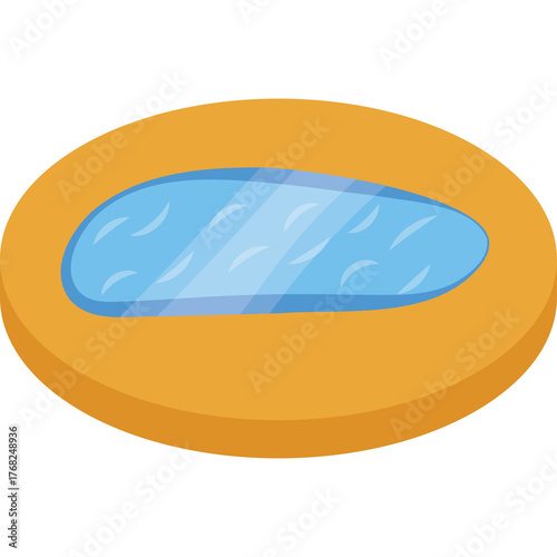 Isometric illustration of a small blue pond on a circular orange platform with a transparent background symbolizing nature and water in a simple design.