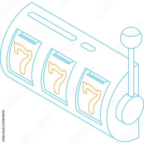 Isometric illustration of a slot machine with three reels displaying the number seven in orange against a transparent background