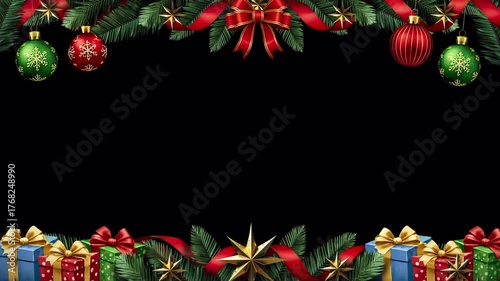 Festive Christmas frame animation with ornaments, gifts, balls and ribbons perfect for holiday greetings and seasonal marketing campaigns on transparent background