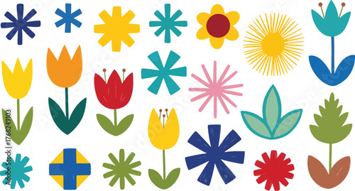 Cheerful and colorful floral pattern, featuring a variety of whimsical flowers and stars