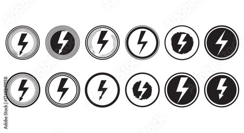 Collection of lightning bolt icons in various circular frames, isolated on transparent background
