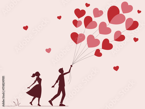 Happy valentines day Romantic day, love, February 14, floating red and pink 3D hearts, Couple in love, pink tones, hearts in the air, vector illustration