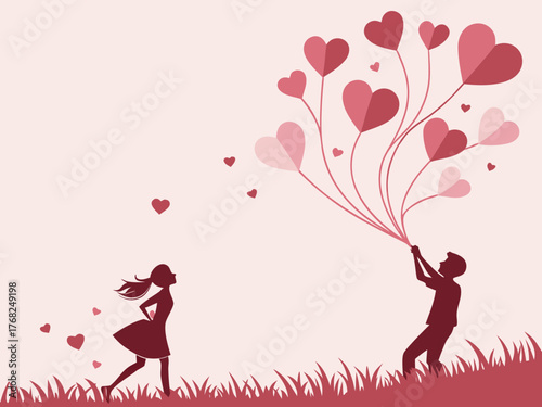 Happy valentines day Romantic day, love, February 14, floating red and pink 3D hearts, Couple in love, pink tones, hearts in the air, vector illustration