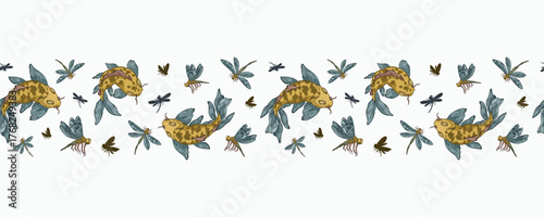 A charming vector border featuring hand-drawn pink lotus flowers, leaves, and golden koi fish. This repeating, artistic design is perfect for greeting cards, invitations, textile prints