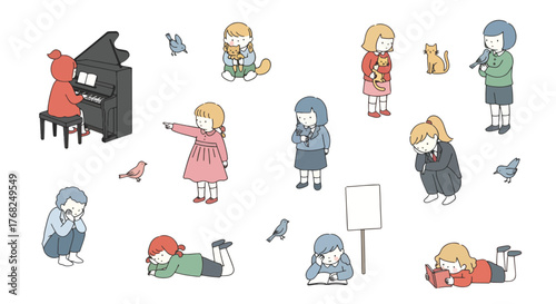 Collection of cute cartoon children in various poses and activities illustration