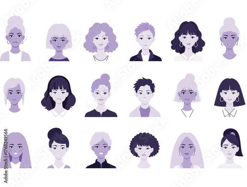 Vector illustration of collection of diverse cartoon faces in a grid