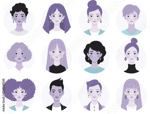 Vector illustration of collection of diverse people avatars in circular frames