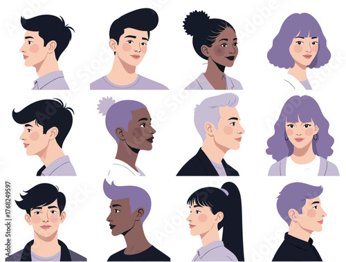 Vector illustration of collection of diverse cartoon faces in front and profile view