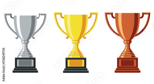 Set of gold, silver, and bronze trophy cups isolated on transparent background
