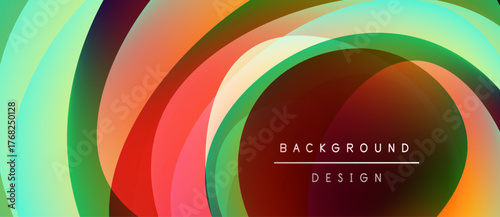 Abstract colorful layers create dynamic visual effect. Smooth curves, vibrant hues, modern design element. Background features text.