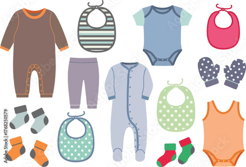 Set of baby clothes, including bodysuit, bib, socks, and mittens