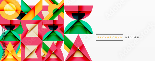 Abstract geometric pattern. Pink, green, yellow shapes overlap creating modern design. Clean white background enhances visual impact.