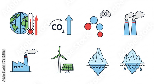 Illustration depicting global warming with earth, thermometer, co2, factories and melting icebergs created with generated ai