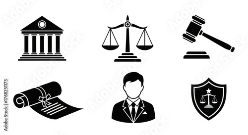 Illustration showing legal icons including a court building, scales, gavel, diploma and lawyer image created with generated ai