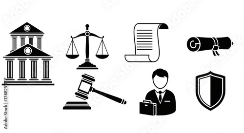 Illustration displaying law and justice symbols including scales, gavel, lawyer and building icon created with generated ai