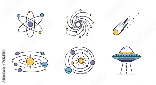 Illustration showing an atom, galaxy, comet, solar system, and a ufo with a light beam coming from it created with generated ai