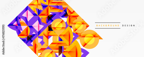 Abstract geometric shapes, vibrant colors, orange, purple, yellow. Modern design, dynamic composition, clean aesthetic. Background element.
